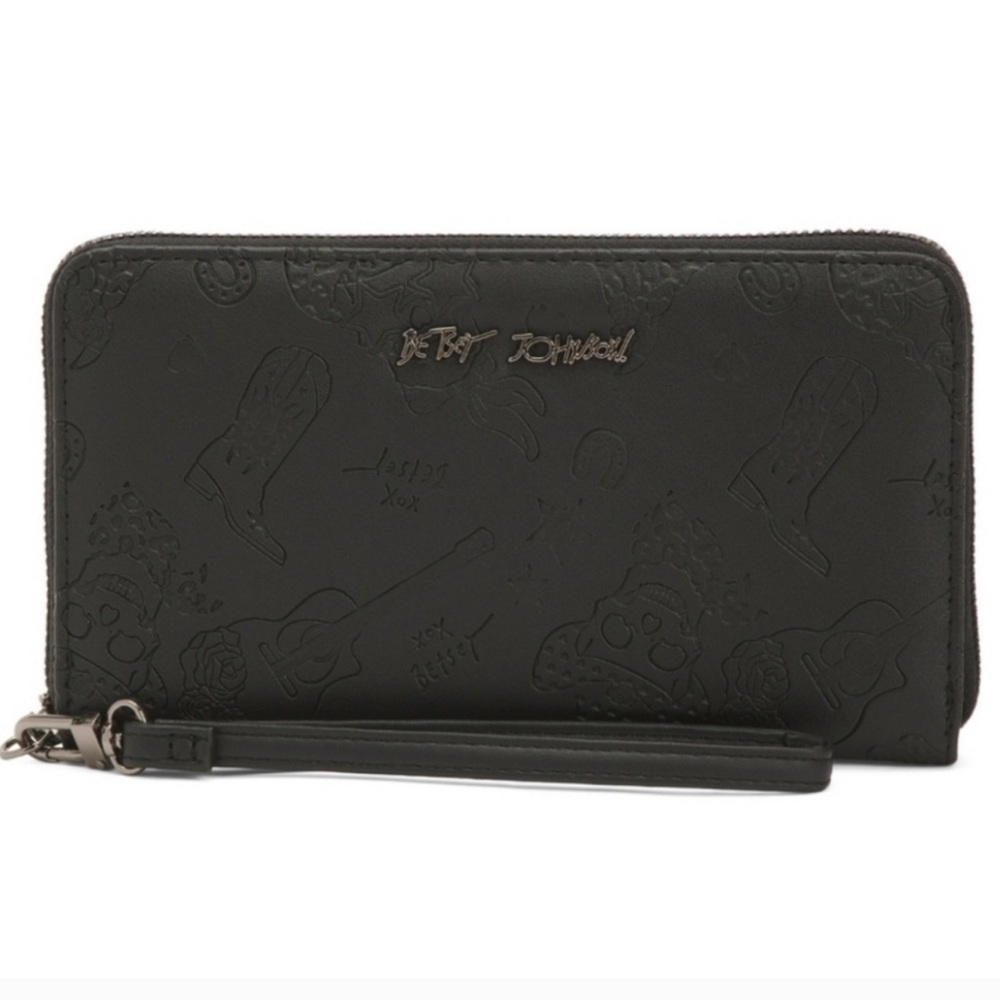 Betsey Johnson Black Faux Leather Embossed Cowboy Skull Western ZA Wallet NWT